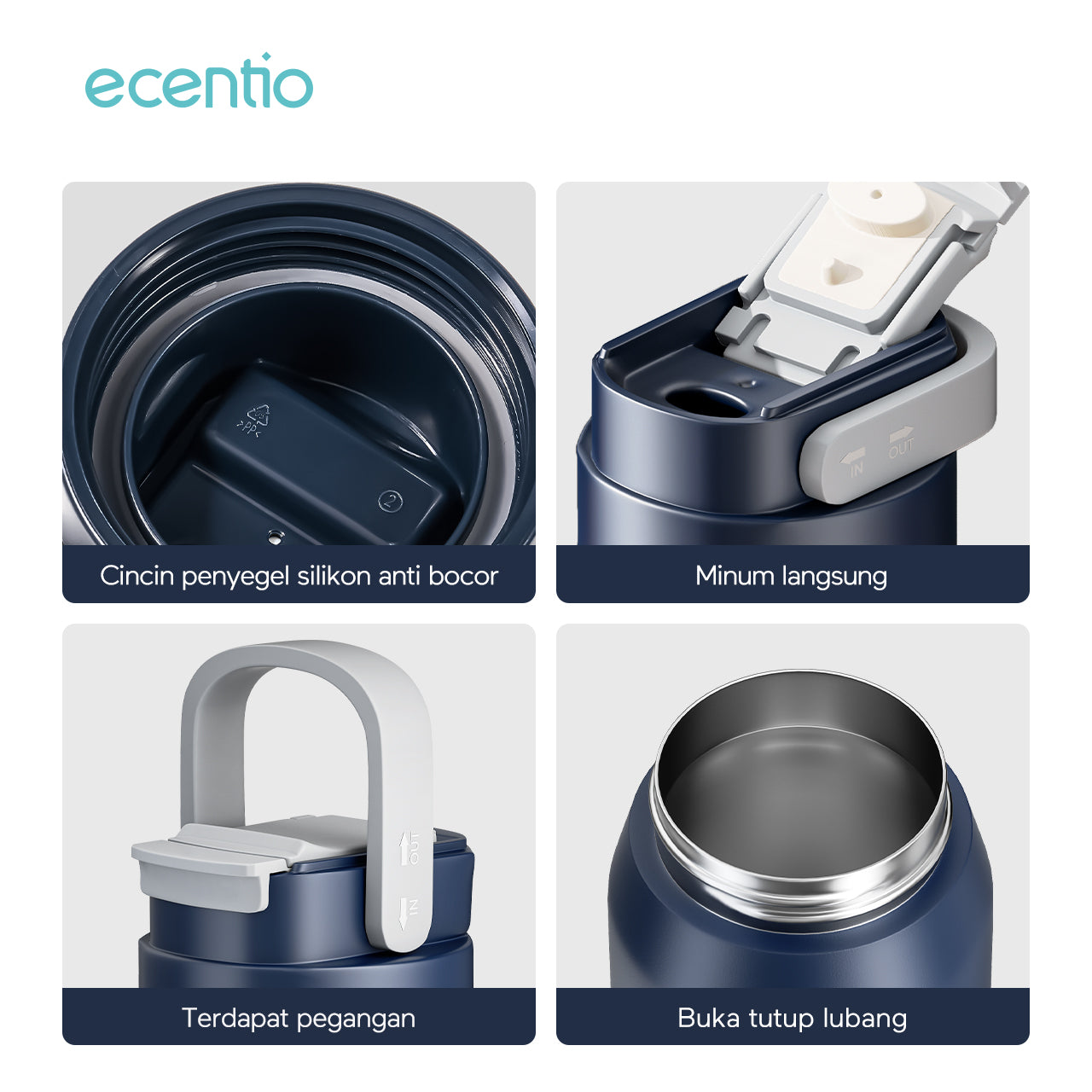 ecentio tumbler Stainless Vacuum 600ml Portable Termos Gagang Tersembunyi Botol minum besar