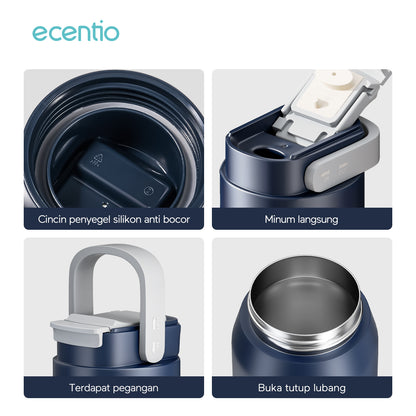 ecentio tumbler Stainless Vacuum 600ml Portable Termos Gagang Tersembunyi Botol minum besar