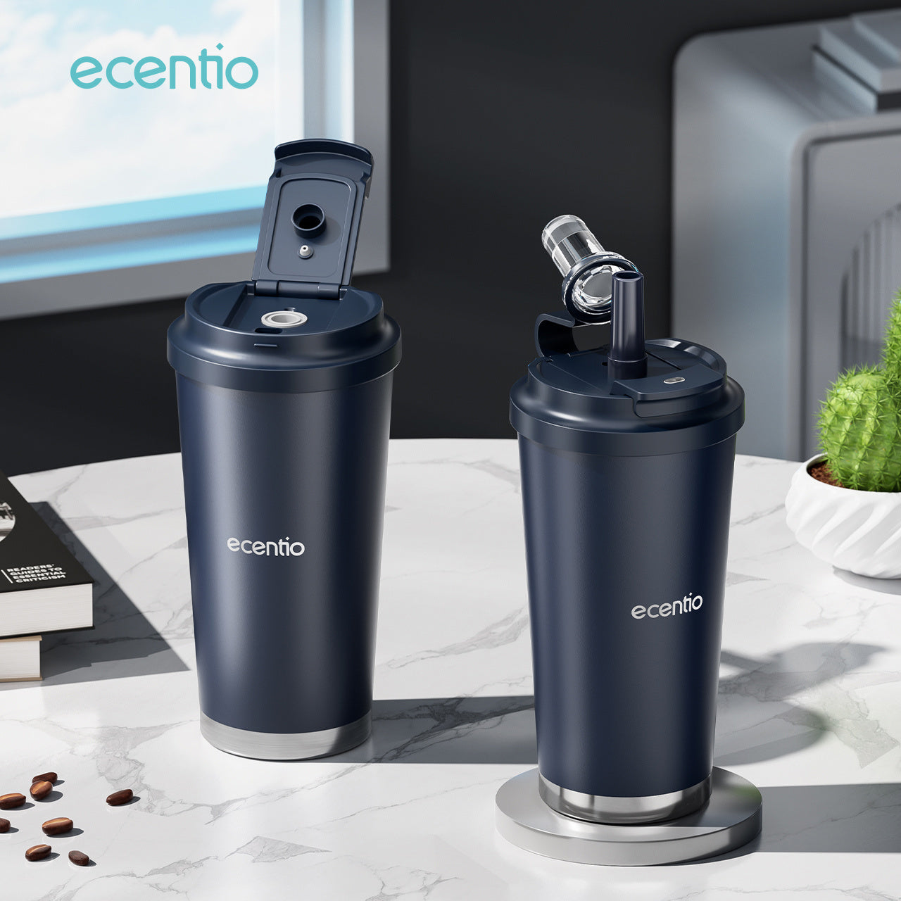 【New Launch】ecentio tumbler minum premium 580ml dan sedotan tahan dingin 26 jam botol stainless steel 304 portable