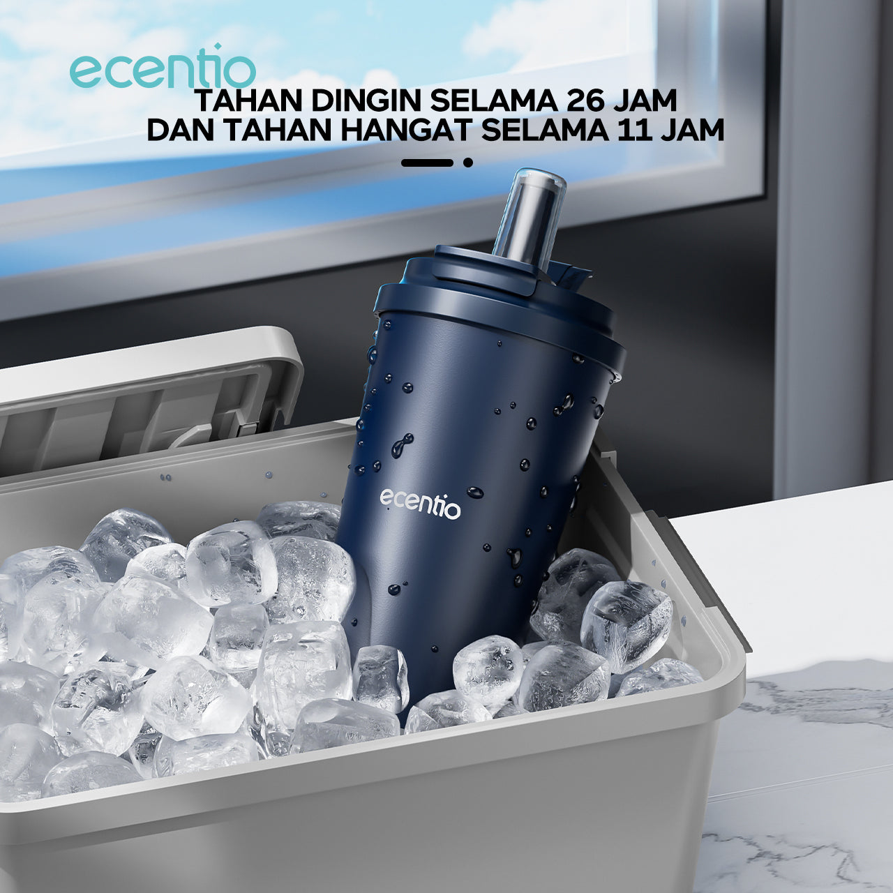 【New Launch】ecentio tumbler minum premium 580ml dan sedotan tahan dingin 26 jam botol stainless steel 304 portable