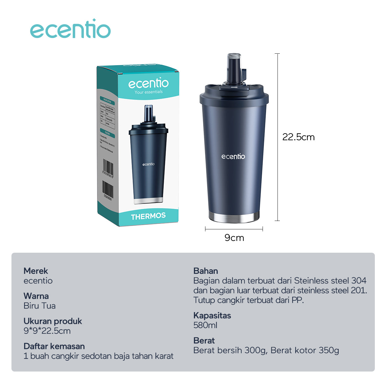 【New Launch】ecentio tumbler minum premium 580ml dan sedotan tahan dingin 26 jam botol stainless steel 304 portable