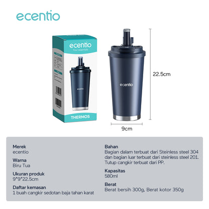 【New Launch】ecentio tumbler minum premium 580ml dan sedotan tahan dingin 26 jam botol stainless steel 304 portable