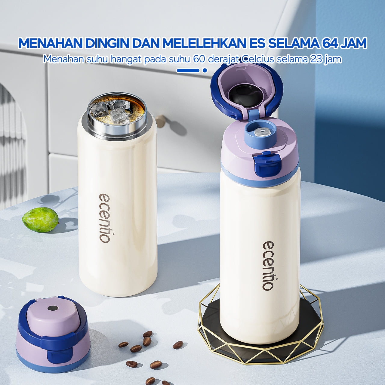 ecentio tumbler minum stainless 750ml botol minum aesthetic Dapat Menahan suhu dingin selama 64 jam Desain dan penampilan yang modis termos