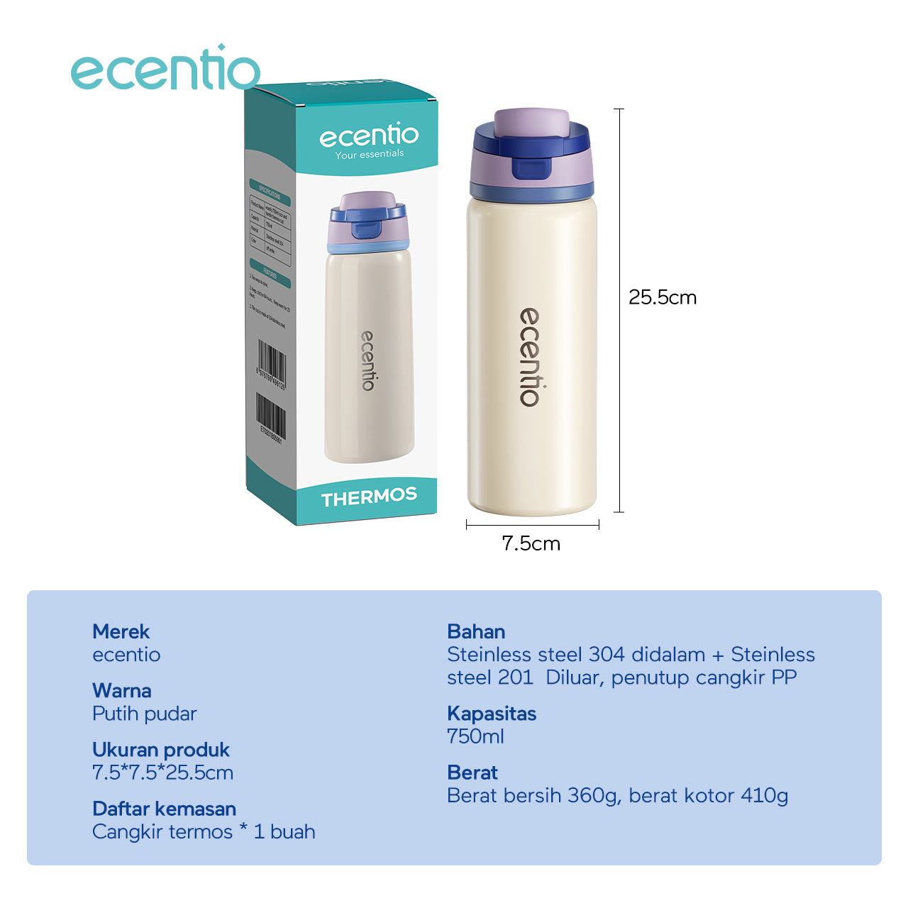 【🌟Pre-Order】ecentio tumbler minum stainless 750ml botol minum aesthetic Dapat Menahan suhu dingin selama 64 jam Desain dan penampilan yang modis termos