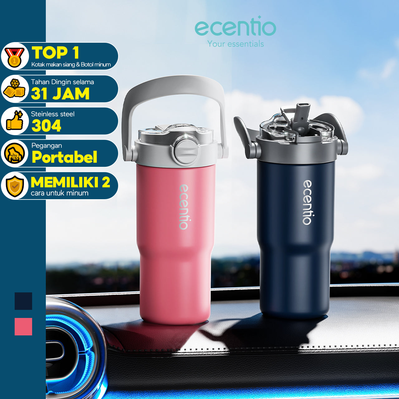 【GRAND LAUNCH】ecentio tumbler Stainless Vacuum 750ml Portable Tutup yang mudah dibuka  Thermos Botol minum besar