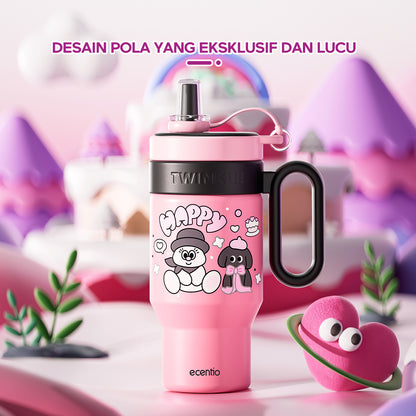 【New Launch】ecentio tumbler minum stainless 900ml botol minum lucu aesthetic besar exclusive disgn tutup sedotan tahan debu