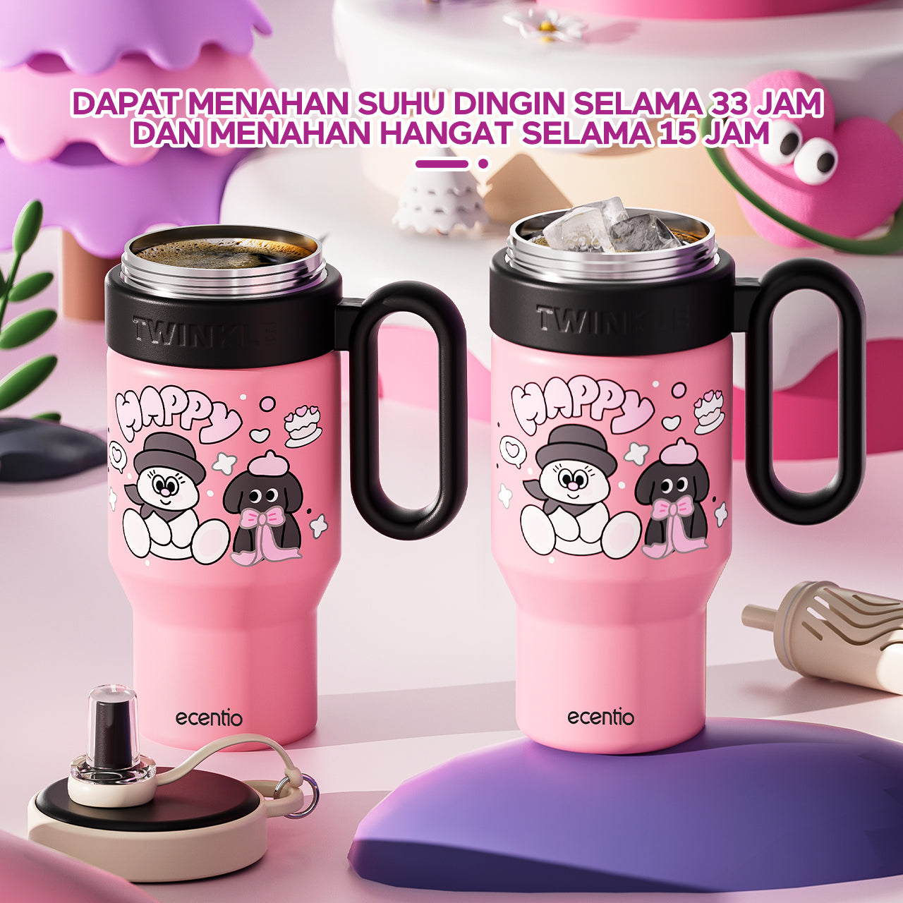 【New Launch】ecentio tumbler minum stainless 900ml botol minum lucu aesthetic besar exclusive disgn tutup sedotan tahan debu