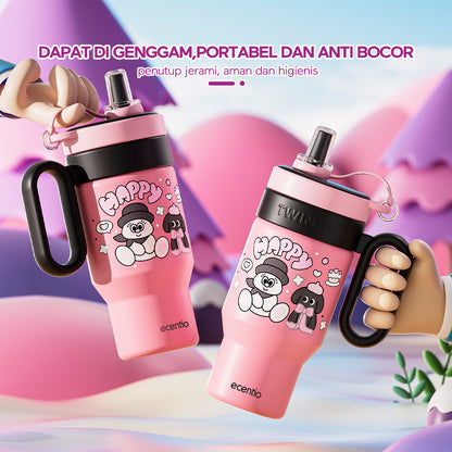 【New Launch】ecentio tumbler minum stainless 900ml botol minum lucu aesthetic besar exclusive disgn tutup sedotan tahan debu