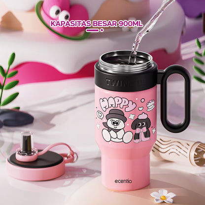 【New Launch】ecentio tumbler minum stainless 900ml botol minum lucu aesthetic besar exclusive disgn tutup sedotan tahan debu