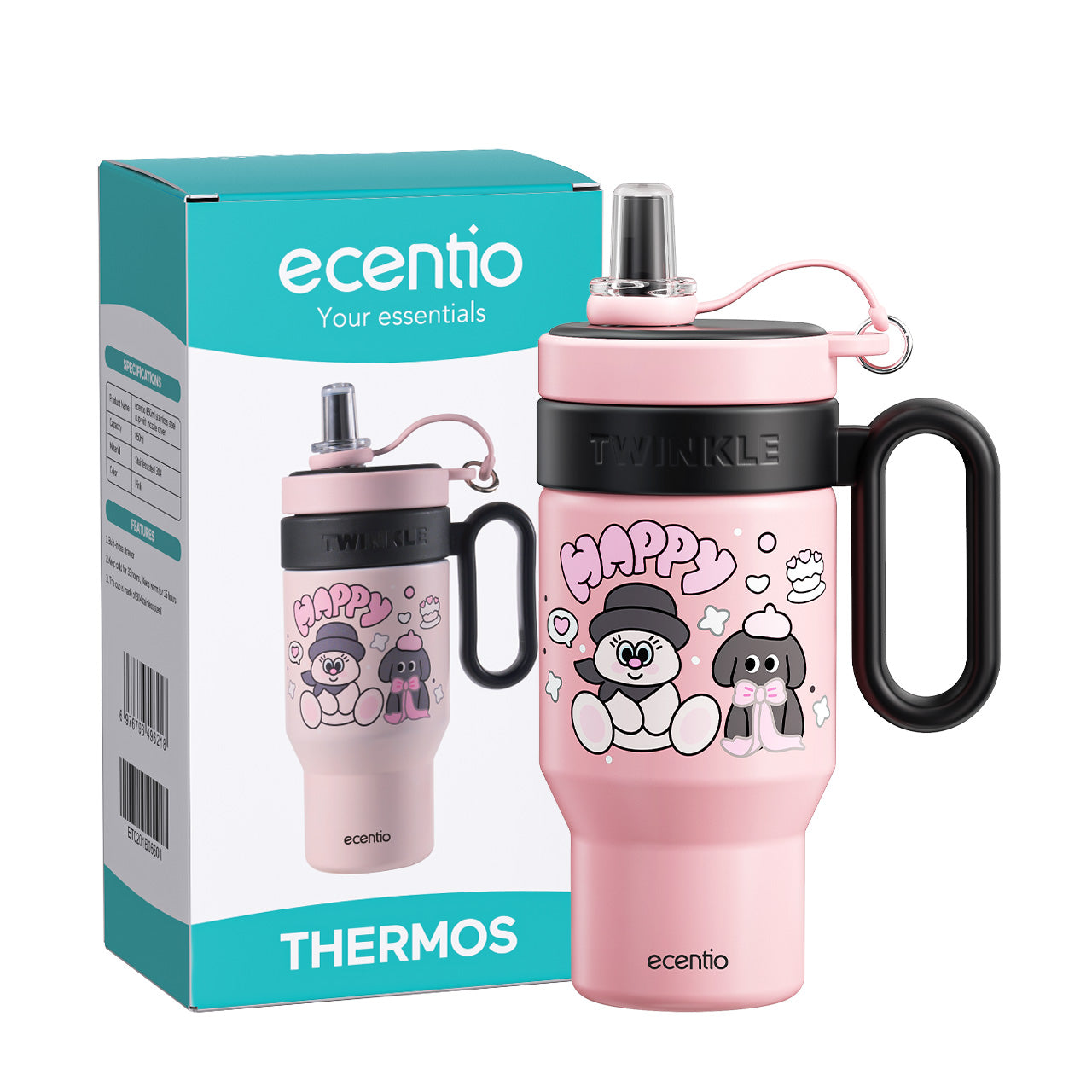 【New Launch】ecentio tumbler minum stainless 900ml botol minum lucu aesthetic besar exclusive disgn tutup sedotan tahan debu