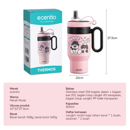 【New Launch】ecentio tumbler minum stainless 900ml botol minum lucu aesthetic besar exclusive disgn tutup sedotan tahan debu