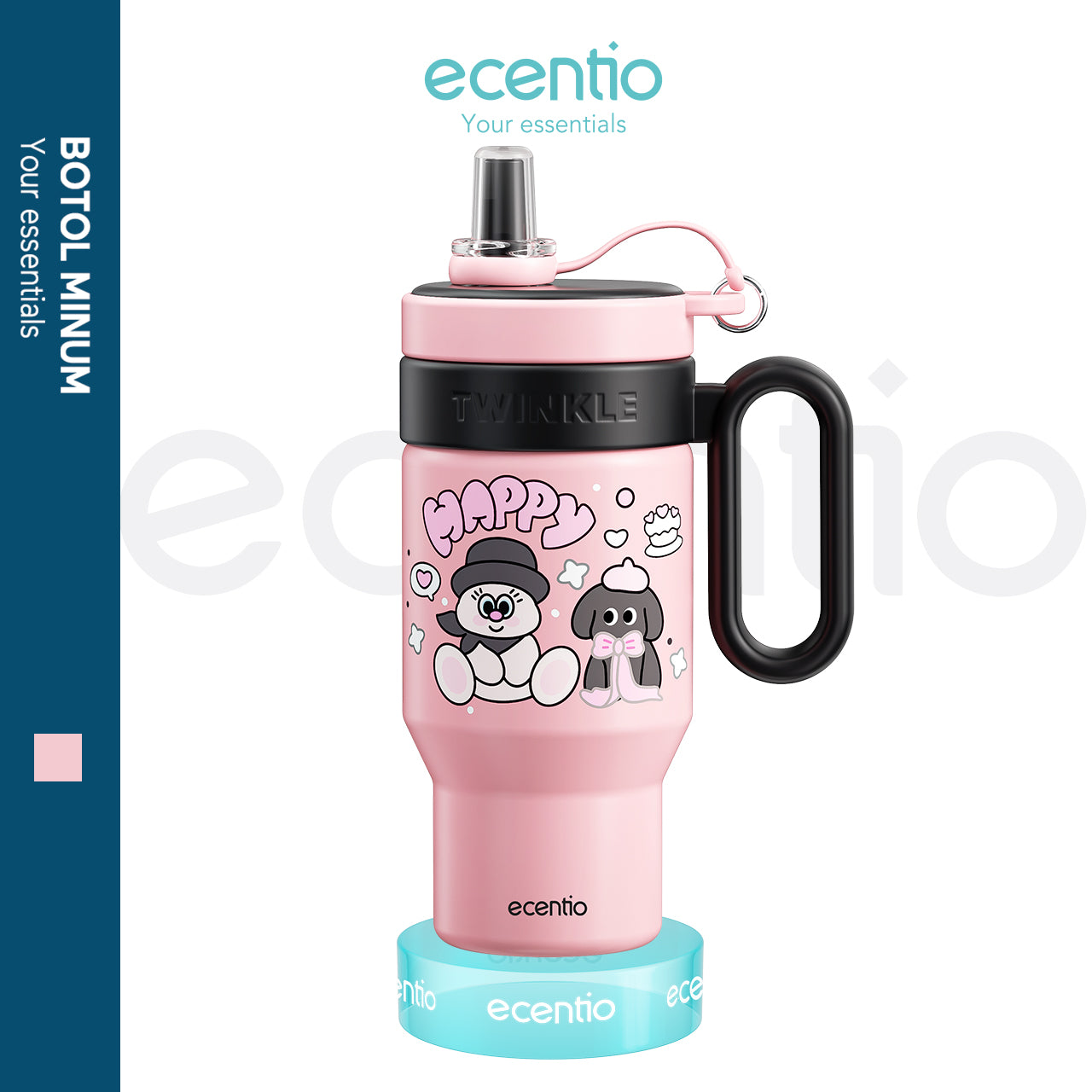 【New Launch】ecentio tumbler minum stainless 900ml botol minum lucu aesthetic besar exclusive disgn tutup sedotan tahan debu