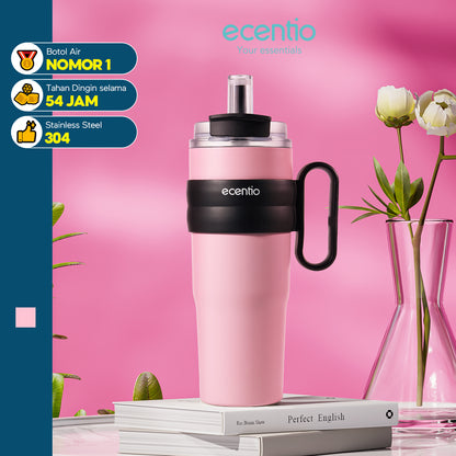 ecentio tumbler stainless 1200ml anti bocor tahan panas dingin dengan sedotan & desain cup holder mobil