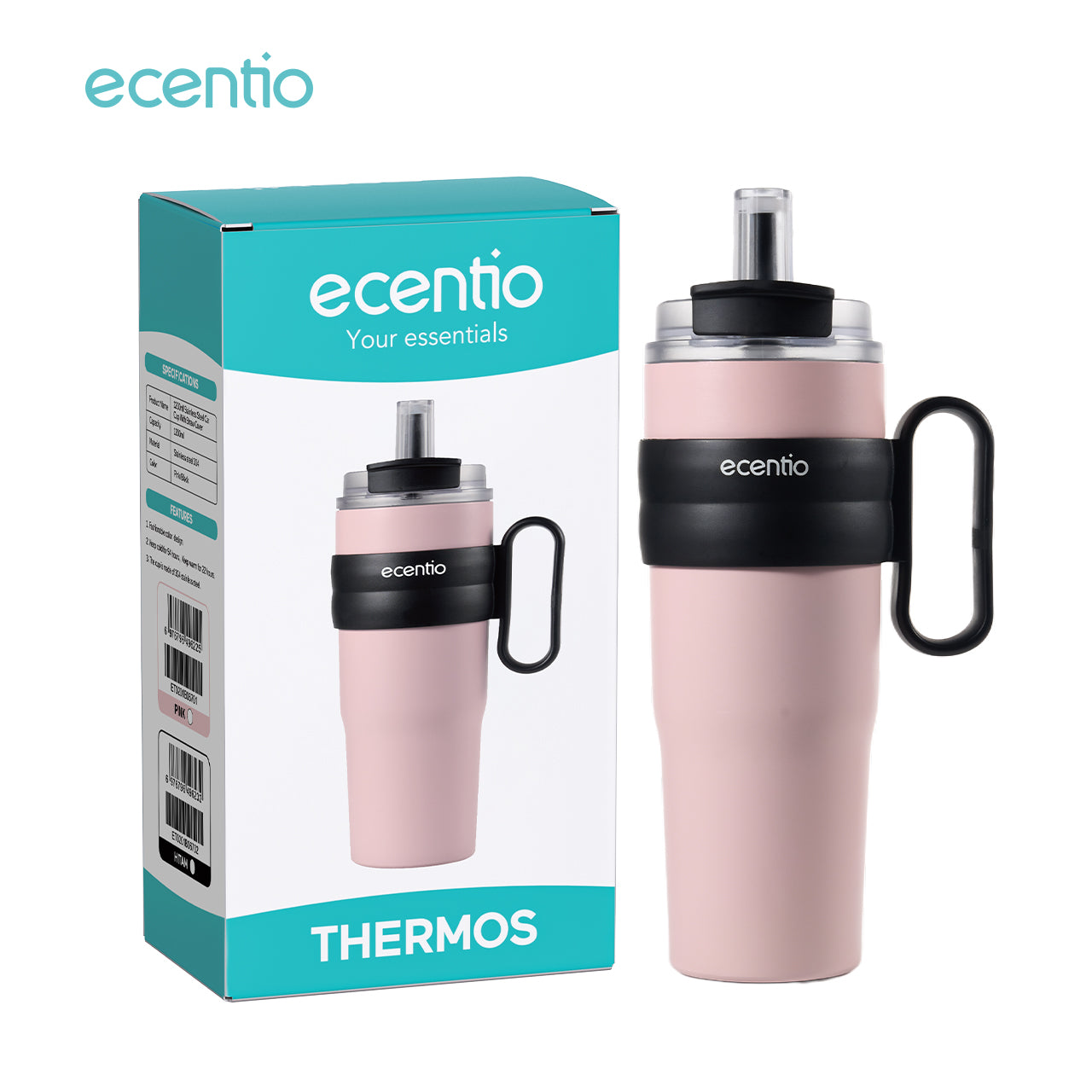 ecentio tumbler stainless 1200ml anti bocor tahan panas dingin dengan sedotan & desain cup holder mobil