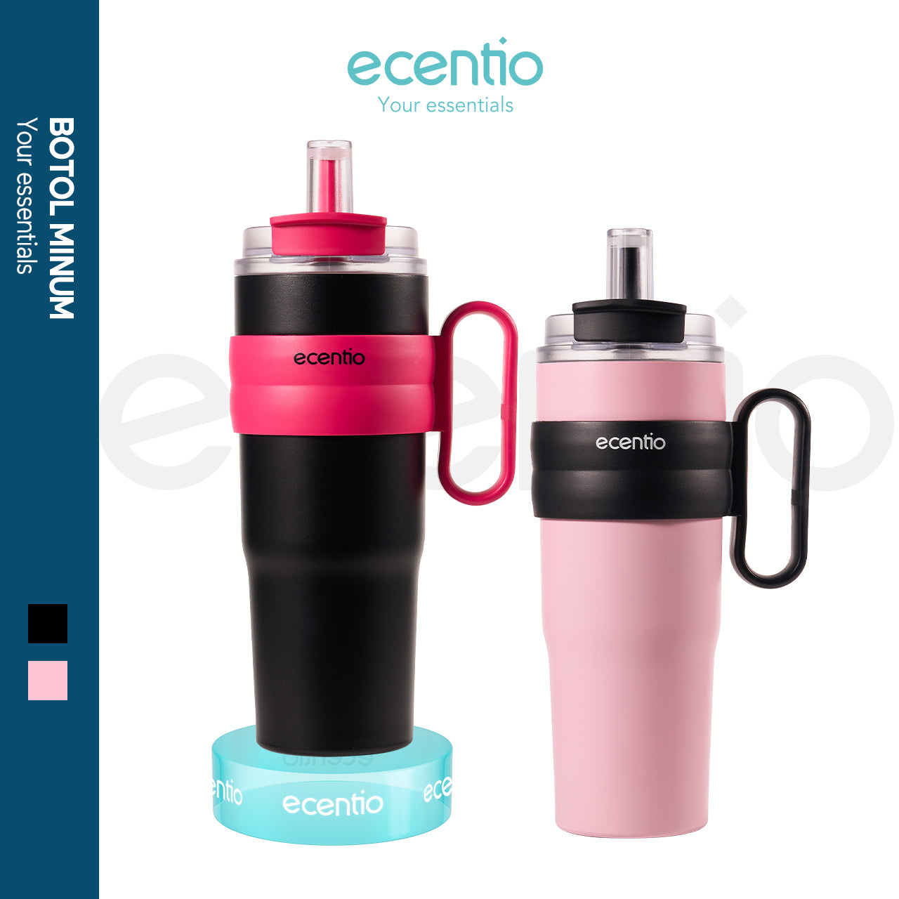 ecentio tumbler stainless 1200ml anti bocor tahan panas dingin dengan sedotan & desain cup holder mobil