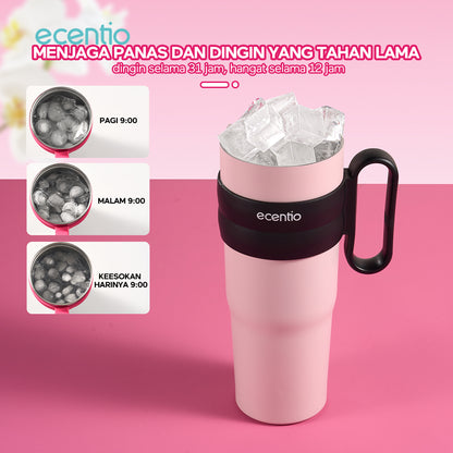 ecentio tumbler stainless 1200ml anti bocor tahan panas dingin dengan sedotan & desain cup holder mobil