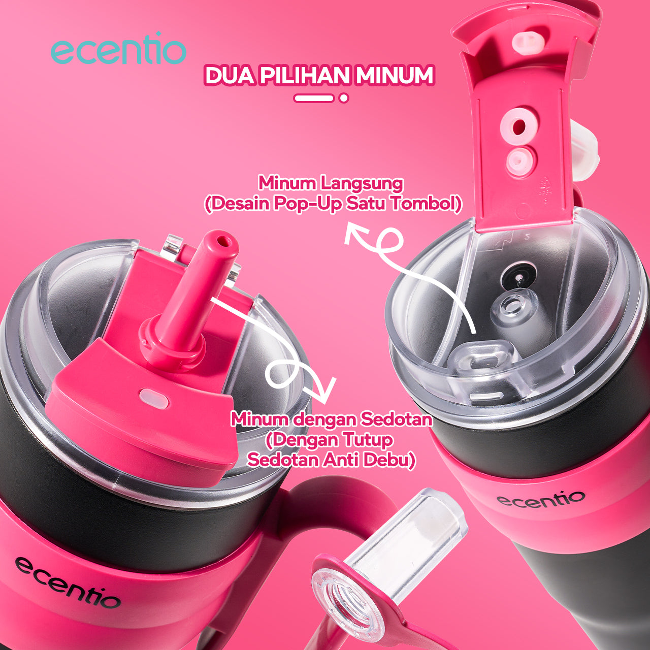 ecentio tumbler stainless 1200ml anti bocor tahan panas dingin dengan sedotan & desain cup holder mobil