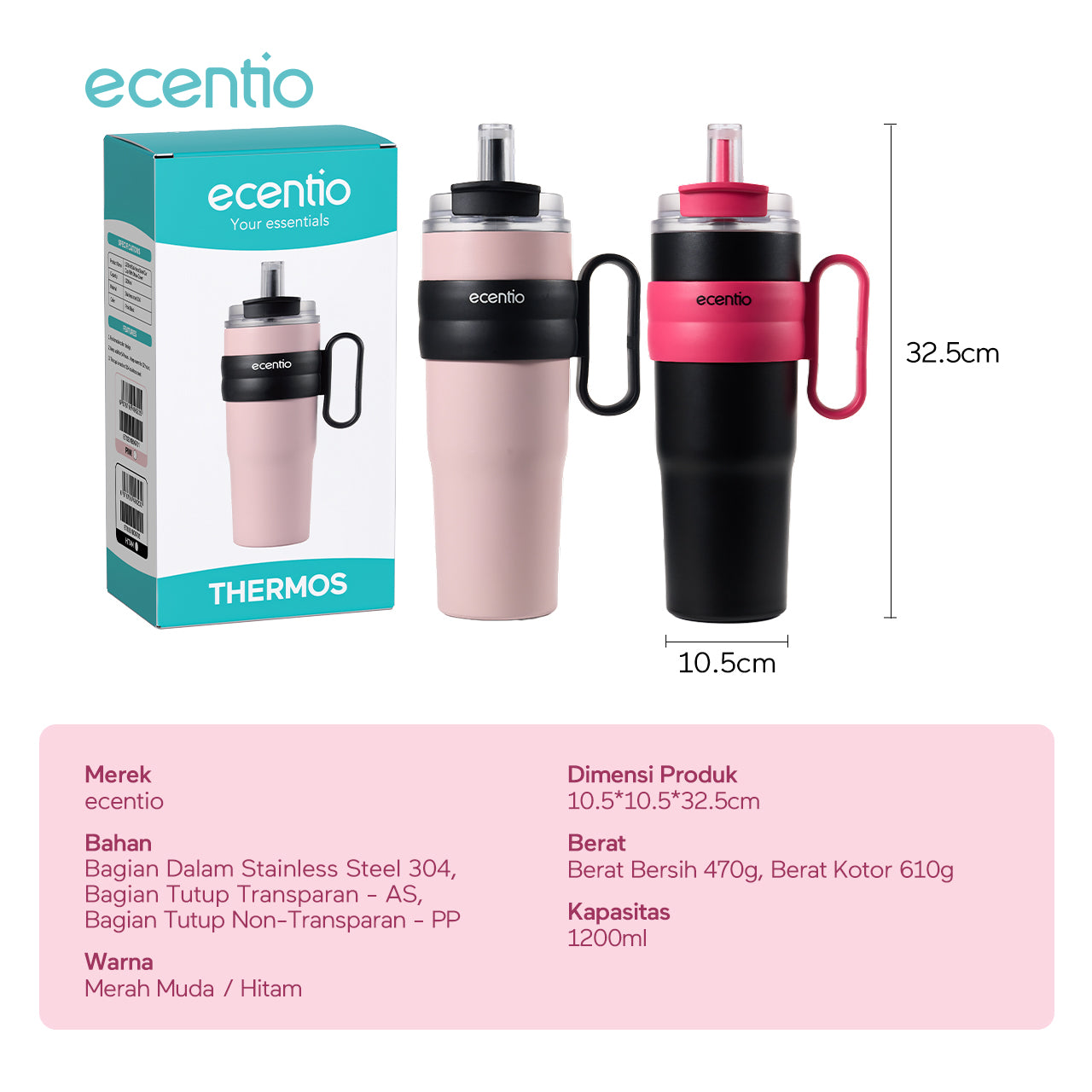 【🌟Pre-Order】ecentio tumbler stainless 1200ml anti bocor tahan panas dingin dengan sedotan & desain cup holder mobil