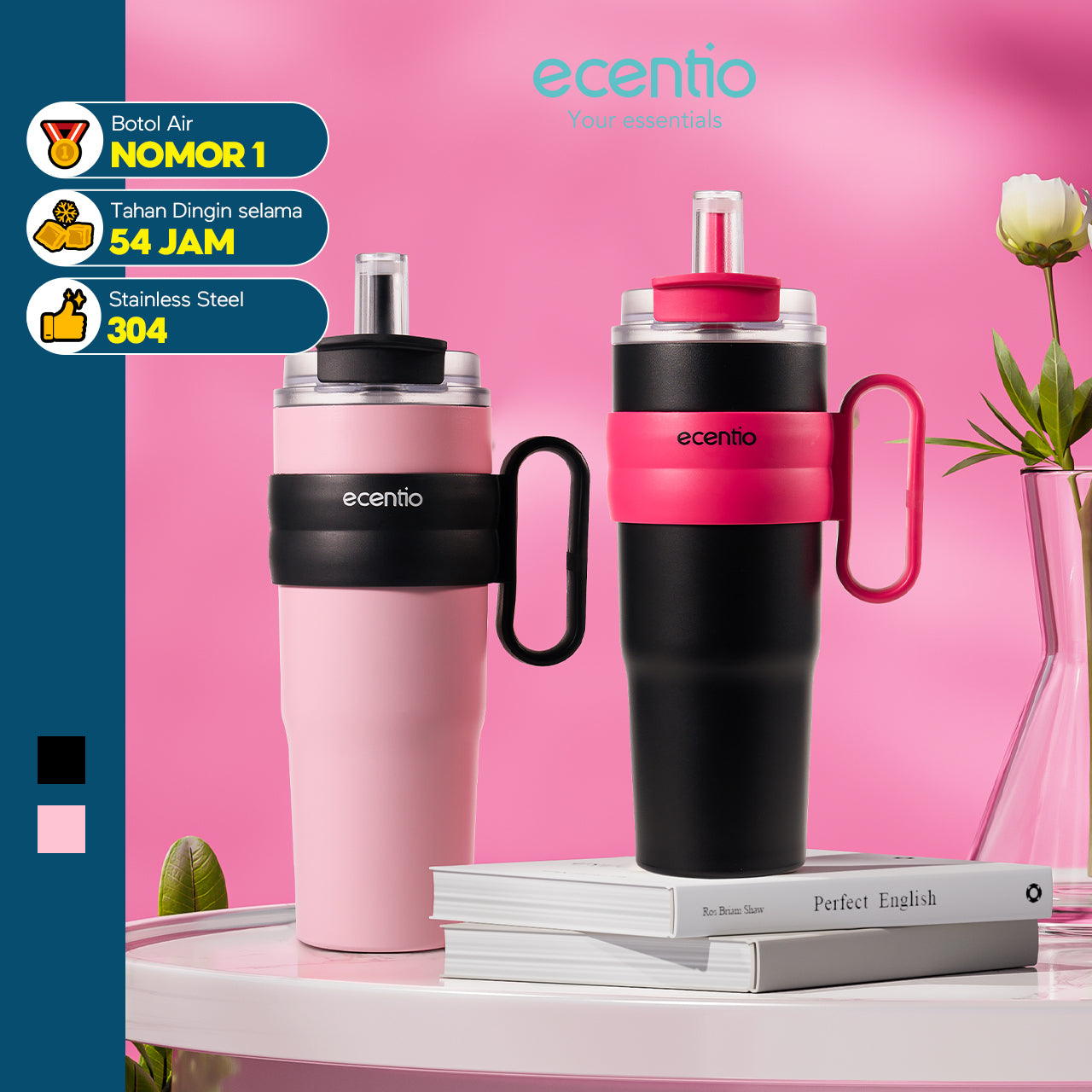 ecentio tumbler stainless 1200ml anti bocor tahan panas dingin dengan sedotan & desain cup holder mobil