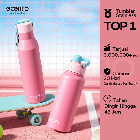 [New Year Limited Edition] ecentio Tumbler Stainless Vacuum 800ml Tutup Magnetik/1L Pegangan Silikon Outdoor Portable Aesthetic Thermos Botol Minum Tahan Dingin 24jam Premium Merah Muda