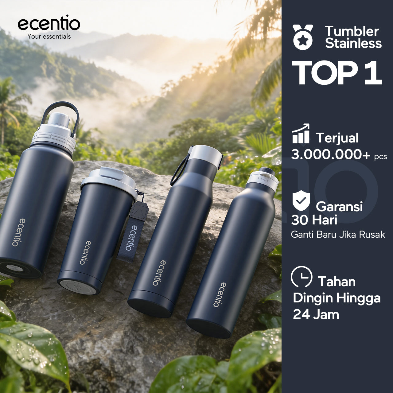 [Easego Rainforest Mist Series] ecentio Tumbler Premium Stainless Vacuum 530ml/800ml/1000ml Outdoor Portable aesthetic Thermos Botol Minum Tahan Dingin 48 Jam Tahan Panas 22 Jam Anti Bocor