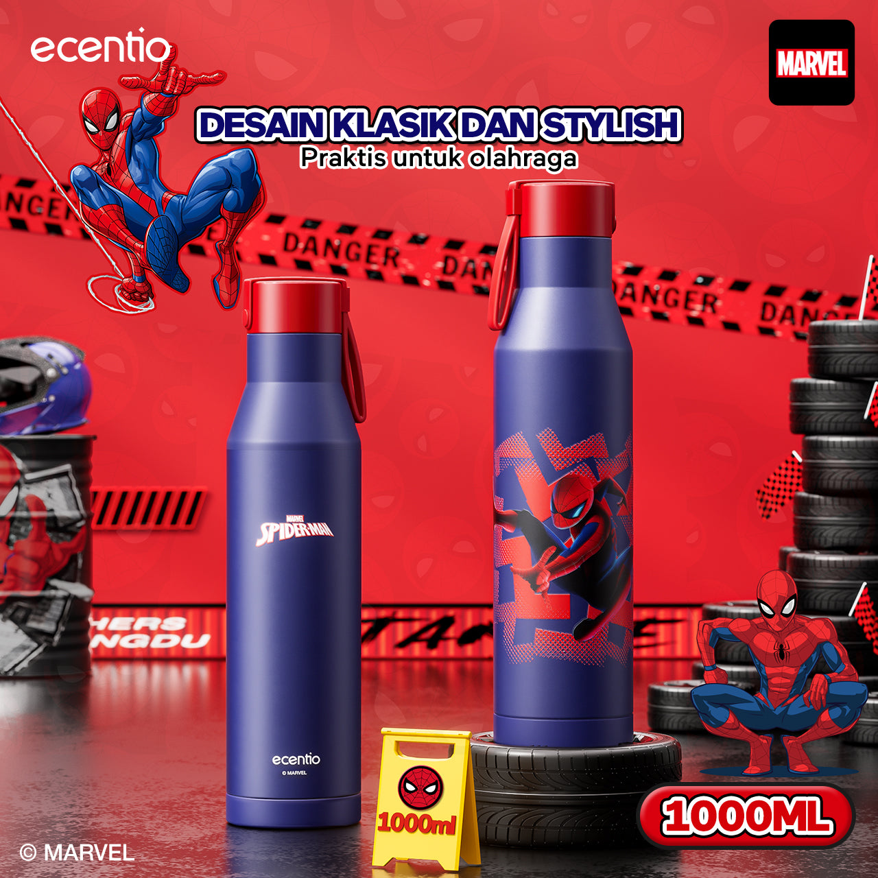 【Disney Spider-Man Series】ecentio Botol Minum Stainless Steel 1000ml | Anti Bocor 360° | Tahan Dingin &amp; Panas