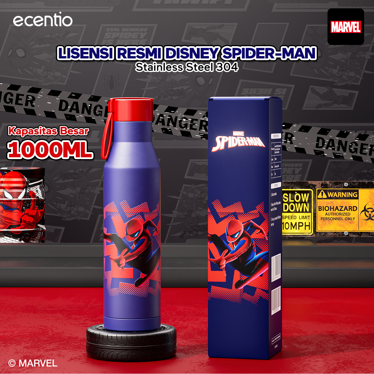 【Disney Spider-Man Series】ecentio Botol Minum Stainless Steel 1000ml | Anti Bocor 360° | Tahan Dingin &amp; Panas