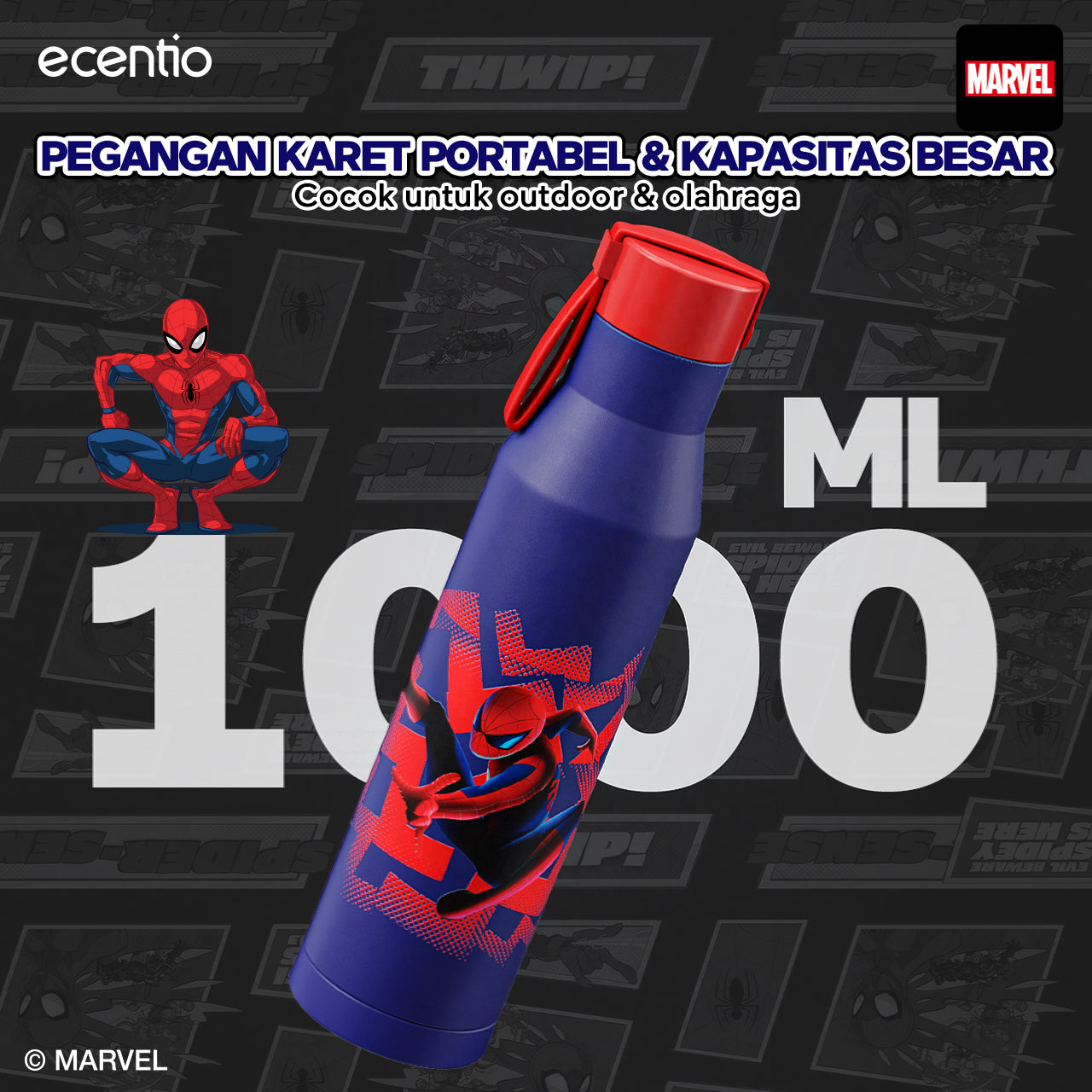 【Disney Spider-Man Series】ecentio Botol Minum Stainless Steel 1000ml | Anti Bocor 360° | Tahan Dingin &amp; Panas
