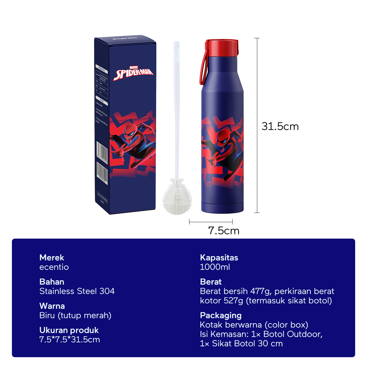 【Disney Spider-Man Series】ecentio Botol Minum Stainless Steel 1000ml | Anti Bocor 360° | Tahan Dingin &amp; Panas