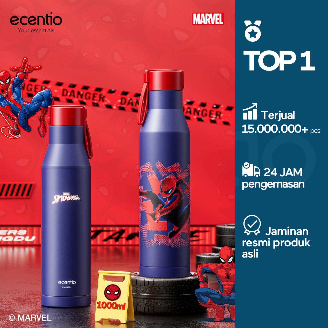 【Disney Spider-Man Series】ecentio Botol Minum Stainless Steel 1000ml | Anti Bocor 360° | Tahan Dingin &amp; Panas