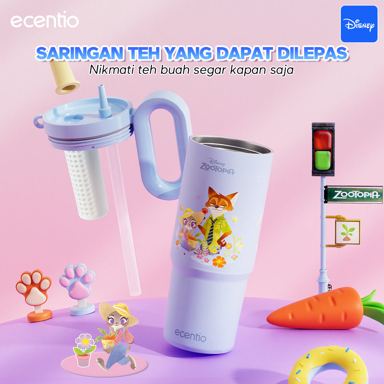 [New Launch] ecentio tumbler stainless 316 Disney Zootopia 750ml / 500ml tahan panas dingin 24 jam botol minum lucu aesthetic portable termos air panas botol minum anak botol minum anak perempuan tumbler anak