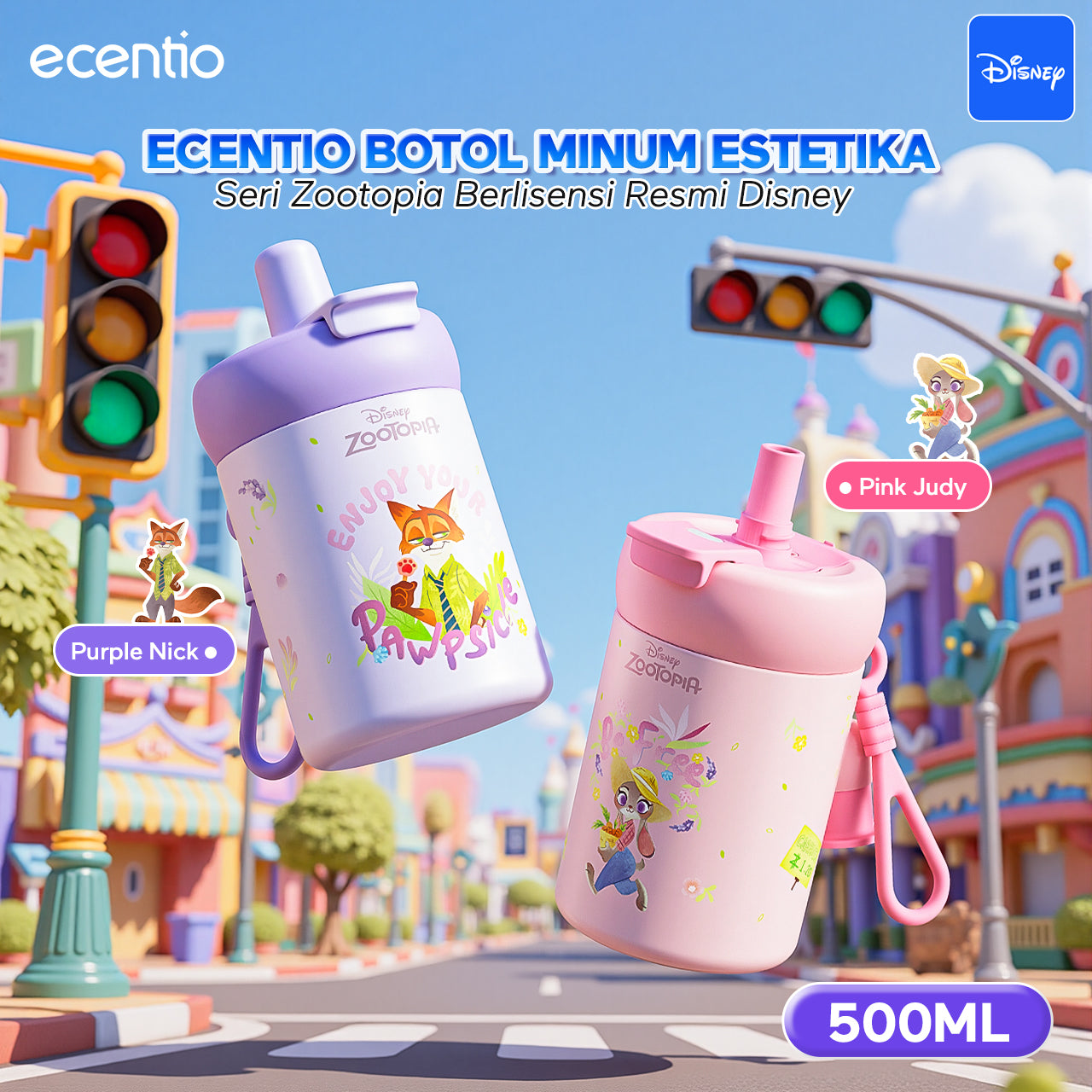 [New Launch] ecentio tumbler stainless 316 Disney Zootopia 750ml / 500ml tahan panas dingin 24 jam botol minum lucu aesthetic portable termos air panas botol minum anak botol minum anak perempuan tumbler anak