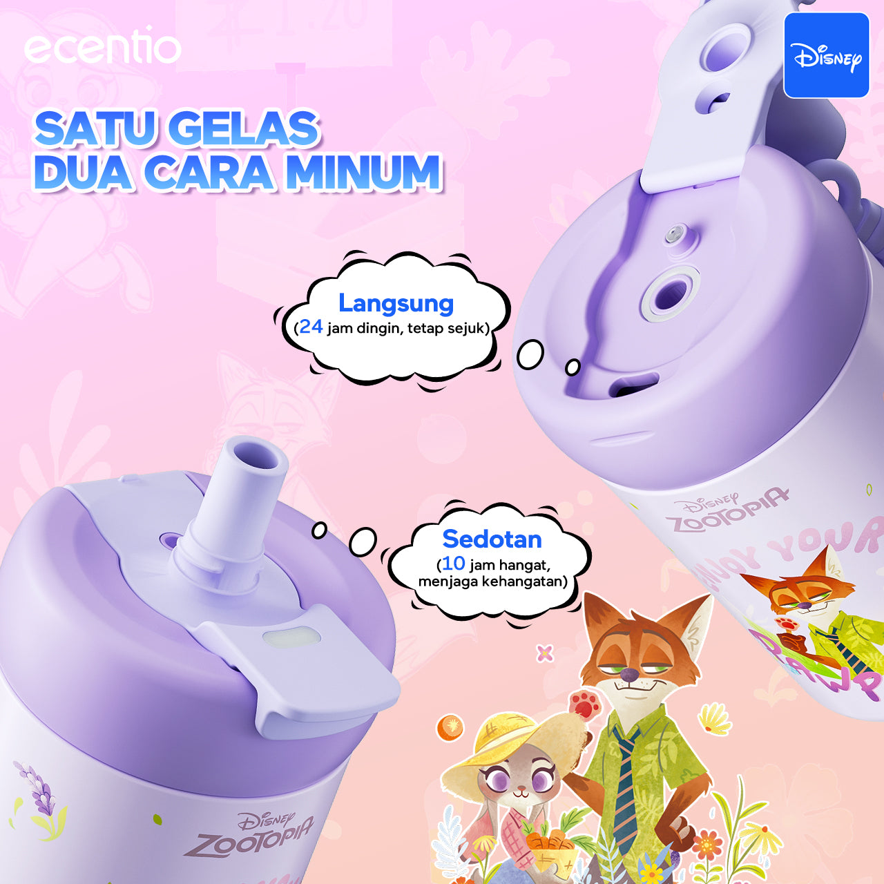 [New Launch] ecentio tumbler stainless 316 Disney Zootopia 750ml / 500ml tahan panas dingin 24 jam botol minum lucu aesthetic portable termos air panas botol minum anak botol minum anak perempuan tumbler anak