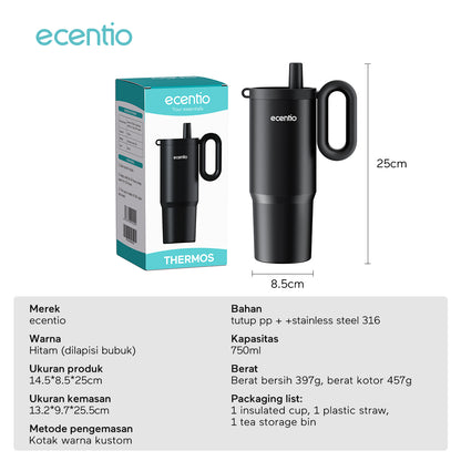 ecentio tumbler Stainless 750ml Portable Thermos Botol minum besar tas tumbler tahan panas dingin 24 jam lucu tumblr aesthetic termos air panas tumbler kopi tumbler sedotan botol minum botol minum sekolahanak laki laki