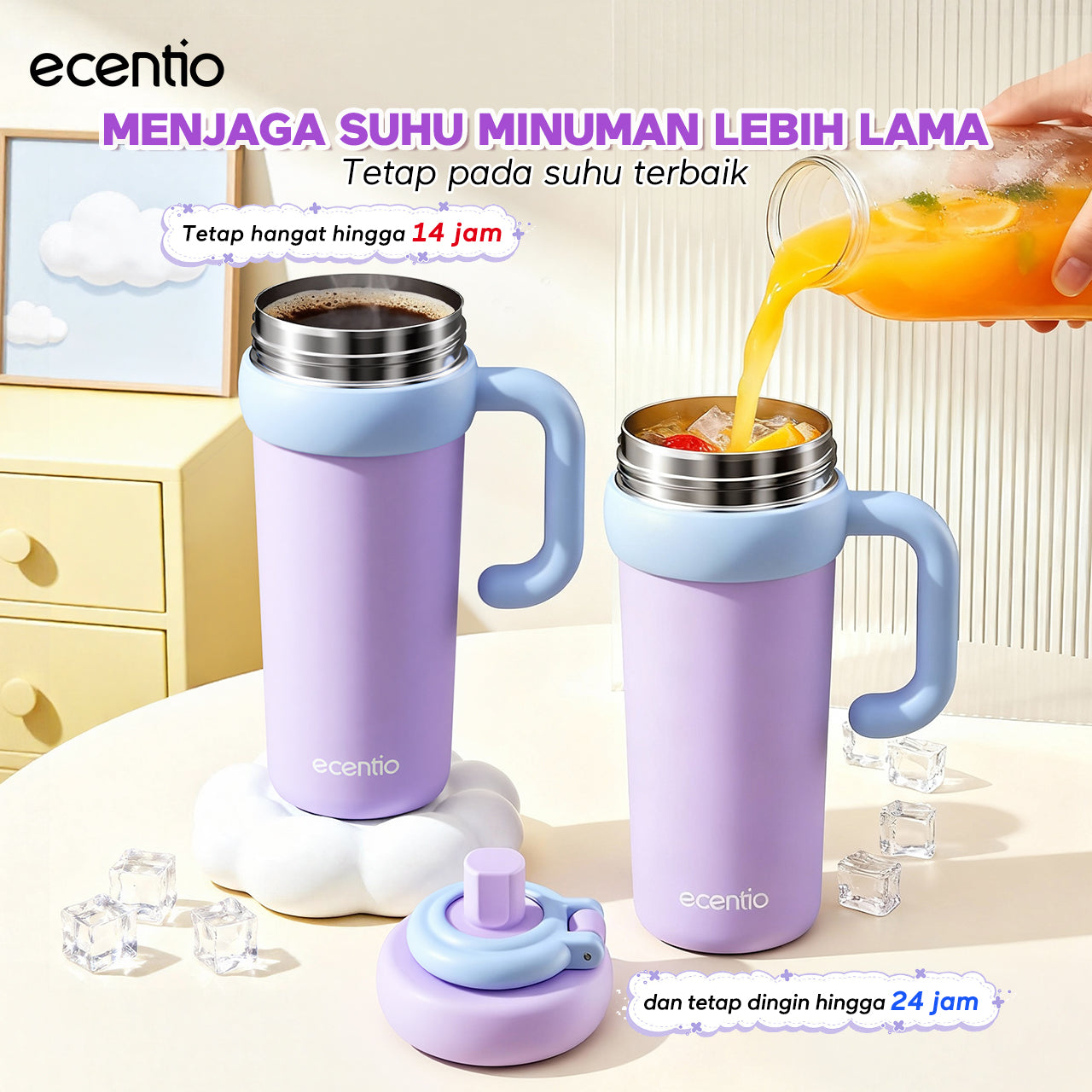 [Soft Cloud Series] ecentio tumbler Stainless protable 750ml/550ml outdoor sport lari Portable Tetap dingin selama 24 JAM Thermos Botol minum besar
