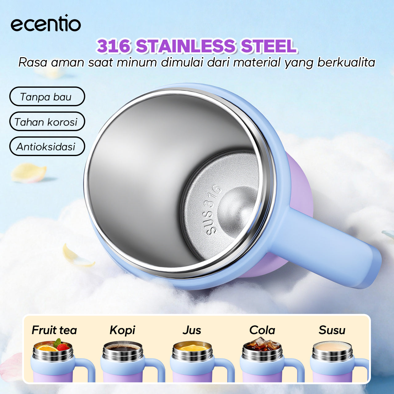 [Soft Cloud Series] ecentio tumbler Stainless protable 750ml/550ml outdoor sport lari Portable Tetap dingin selama 24 JAM Thermos Botol minum besar