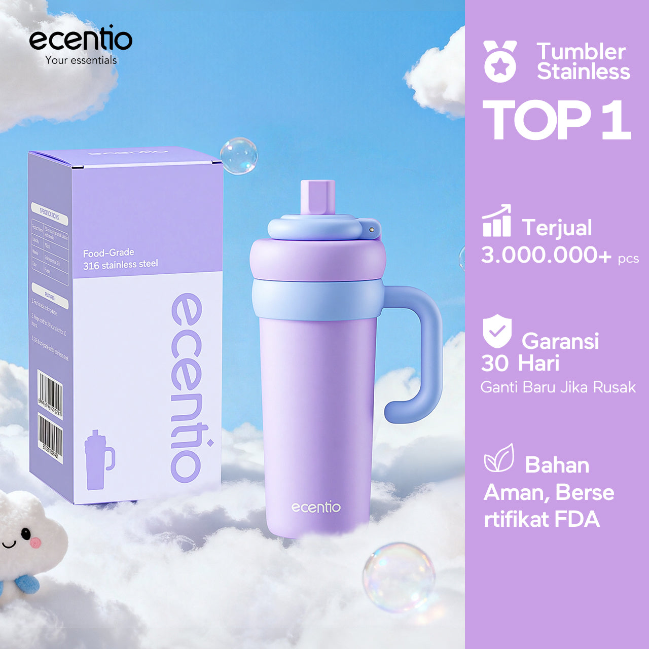 [Soft Cloud Series] ecentio tumbler Stainless protable 750ml/550ml outdoor sport lari Portable Tetap dingin selama 24 JAM Thermos Botol minum besar