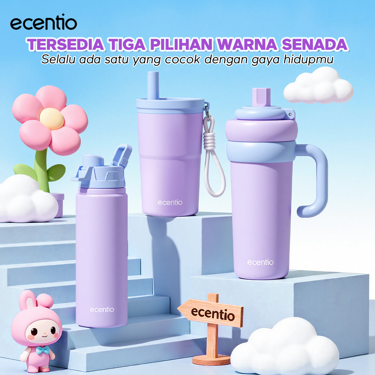 [Soft Cloud Series] ecentio tumbler Stainless protable 750ml/550ml outdoor sport lari Portable Tetap dingin selama 24 JAM Thermos Botol minum besar