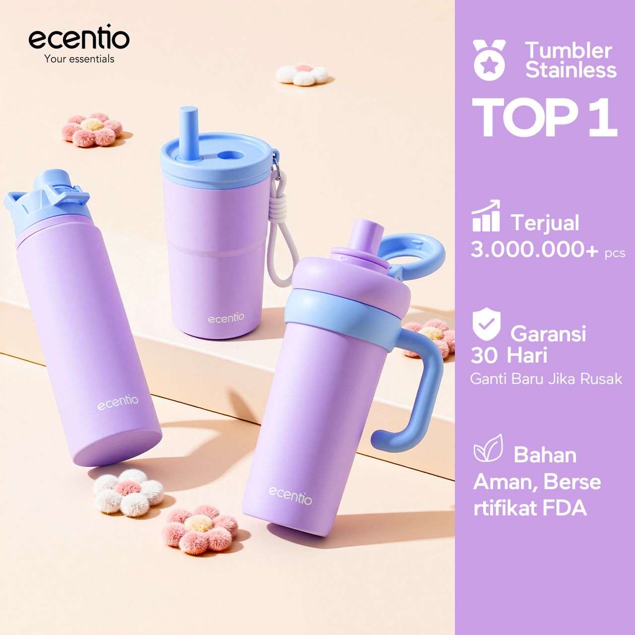 [Soft Cloud Series] ecentio tumbler Stainless protable 750ml/550ml outdoor sport lari Portable Tetap dingin selama 24 JAM Thermos Botol minum besar