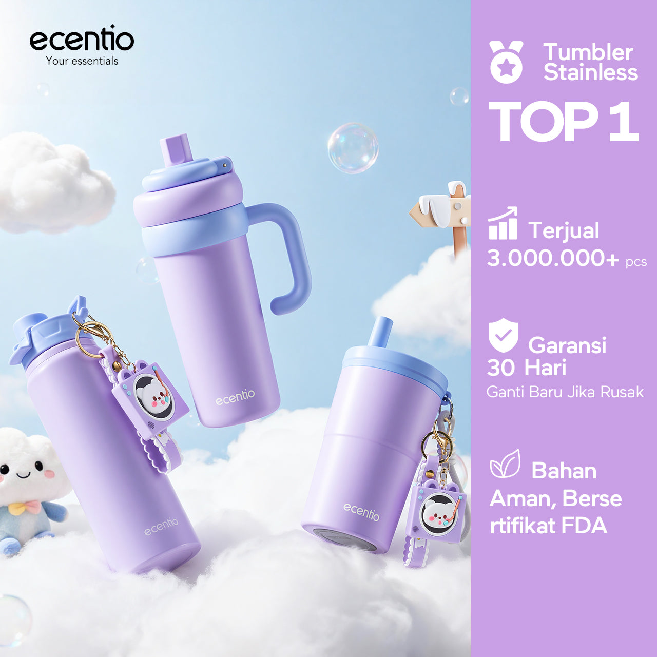 [Soft Cloud Series] ecentio tumbler Stainless protable 750ml/550ml outdoor sport lari Portable Tetap dingin selama 24 JAM Thermos Botol minum besar