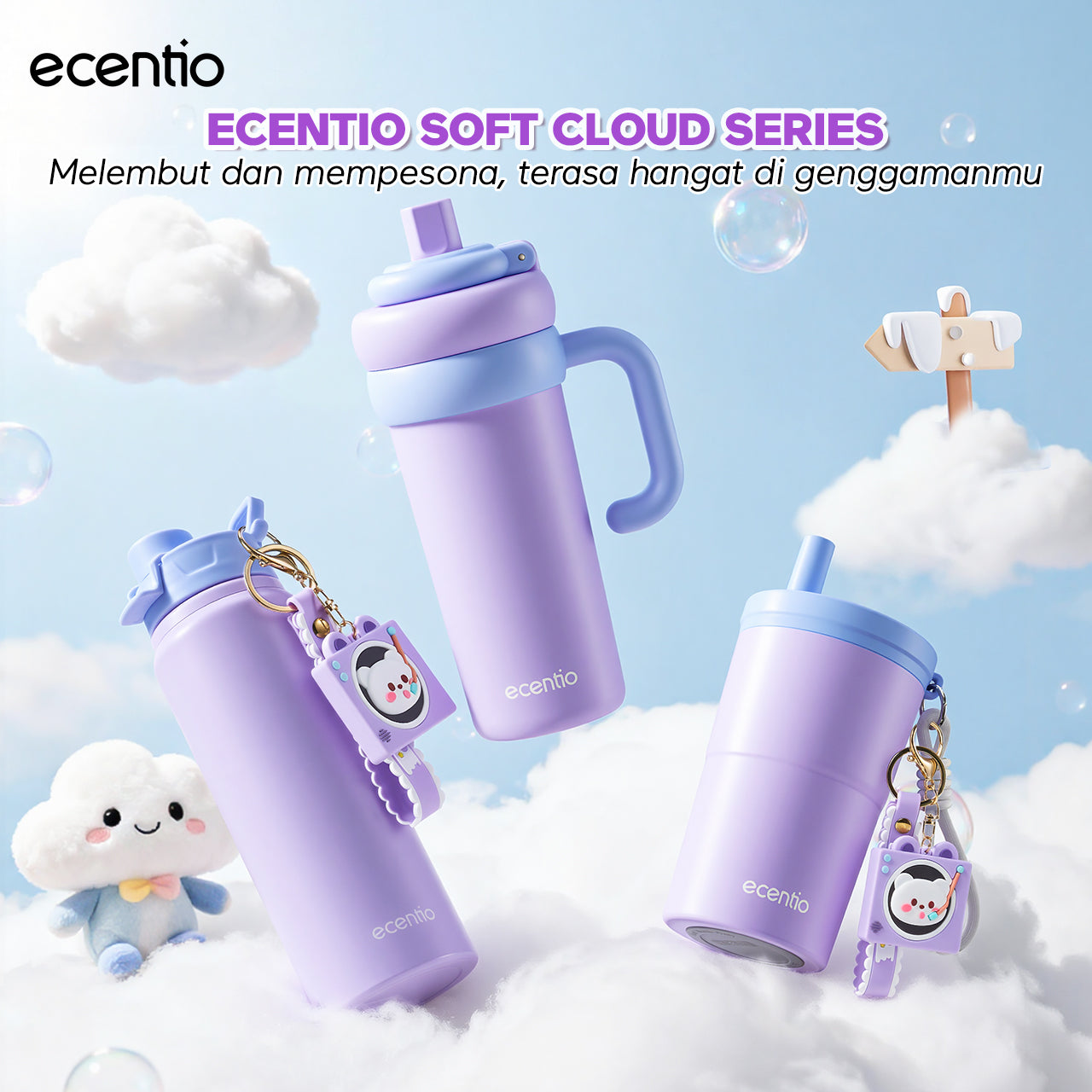 [Soft Cloud Series] ecentio tumbler Stainless protable 750ml/550ml outdoor sport lari Portable Tetap dingin selama 24 JAM Thermos Botol minum besar