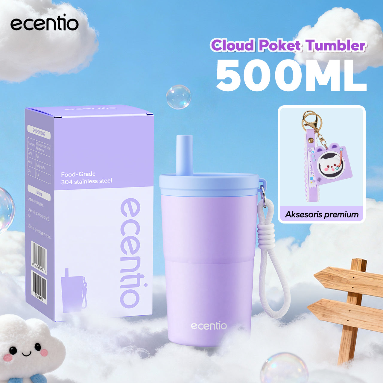 [Soft Cloud Series] ecentio tumbler Stainless protable 750ml/550ml outdoor sport lari Portable Tetap dingin selama 24 JAM Thermos Botol minum besar