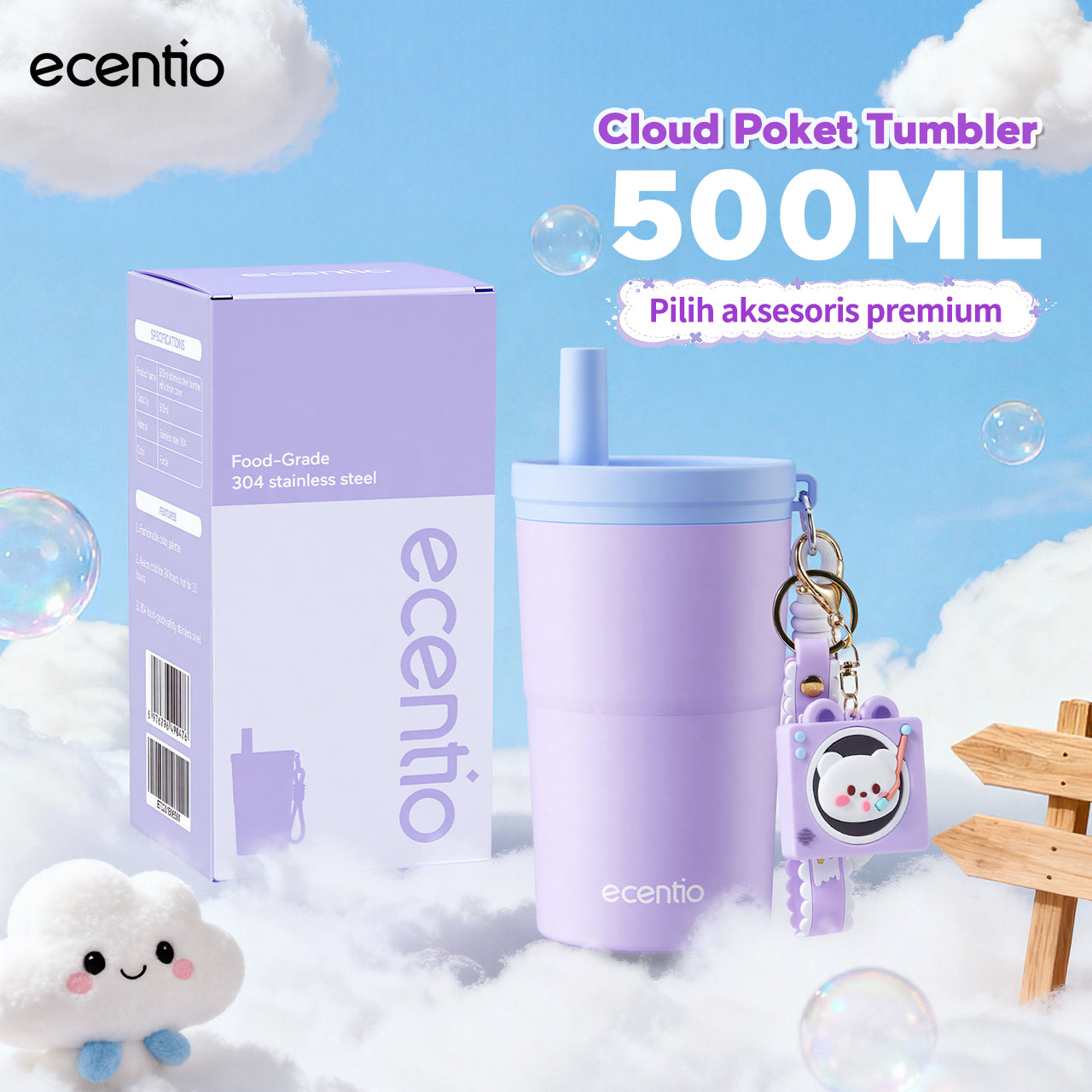 [Soft Cloud Series] ecentio tumbler Stainless protable 750ml/550ml outdoor sport lari Portable Tetap dingin selama 24 JAM Thermos Botol minum besar