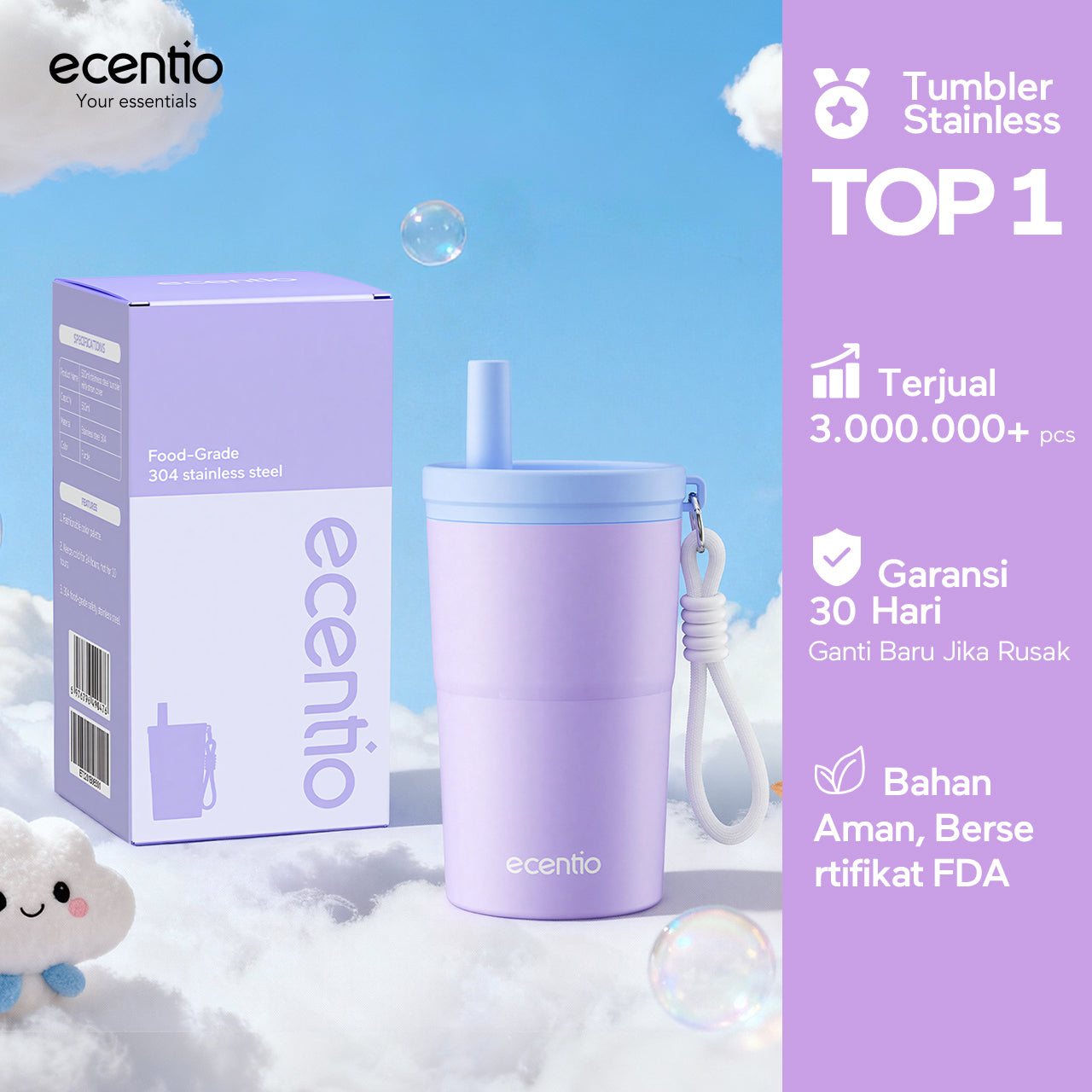 [Soft Cloud Series] ecentio tumbler Stainless protable 750ml/550ml outdoor sport lari Portable Tetap dingin selama 24 JAM Thermos Botol minum besar
