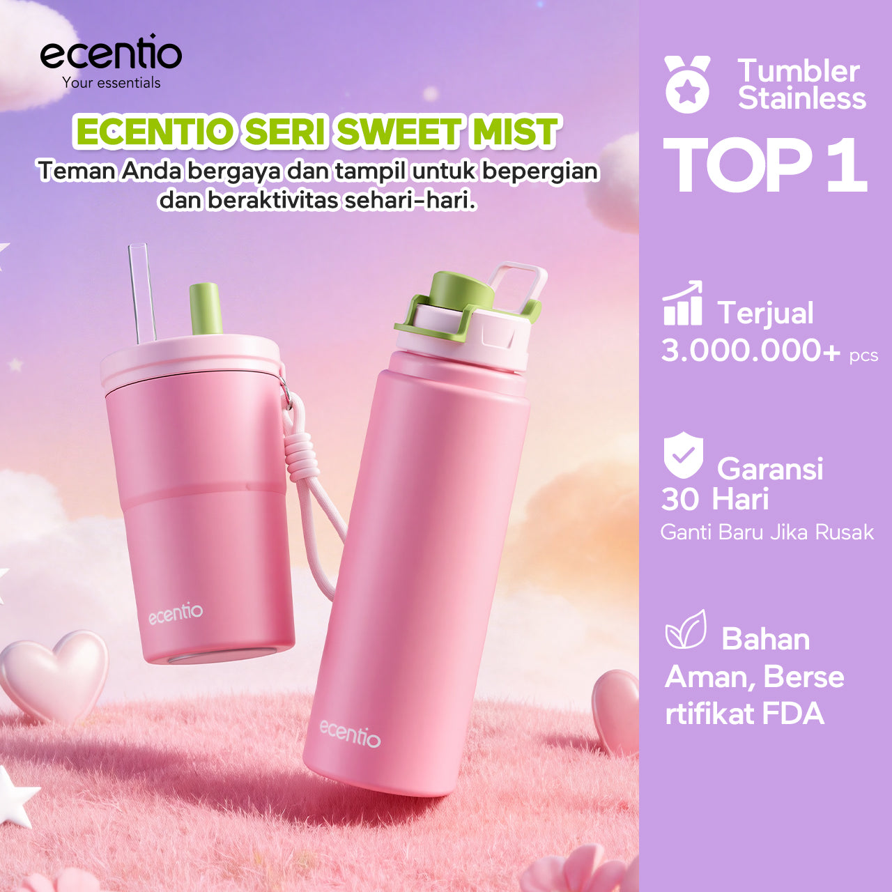 [Sweet Mist Series] ecentio tumbler aesthetic premium Stainless Steel & Aluminium portable 500ml/750ml Botol minum besar Thermos Tetap hangat 24 JAM & dingin 10 JAM anti bocor mudah dibersihkan gaya manis look elegant aesthetic