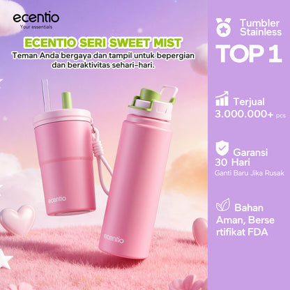 [Sweet Mist Series] ecentio tumbler aesthetic premium Stainless Steel & Aluminium portable 500ml/750ml Botol minum besar Thermos Tetap hangat 24 JAM & dingin 10 JAM anti bocor mudah dibersihkan gaya manis look elegant aesthetic