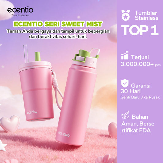 [Sweet Mist Series] ecentio tumbler aesthetic premium Stainless Steel & Aluminium portable 500ml/750ml Botol minum besar Thermos Tetap hangat 24 JAM & dingin 10 JAM anti bocor mudah dibersihkan gaya manis look elegant aesthetic