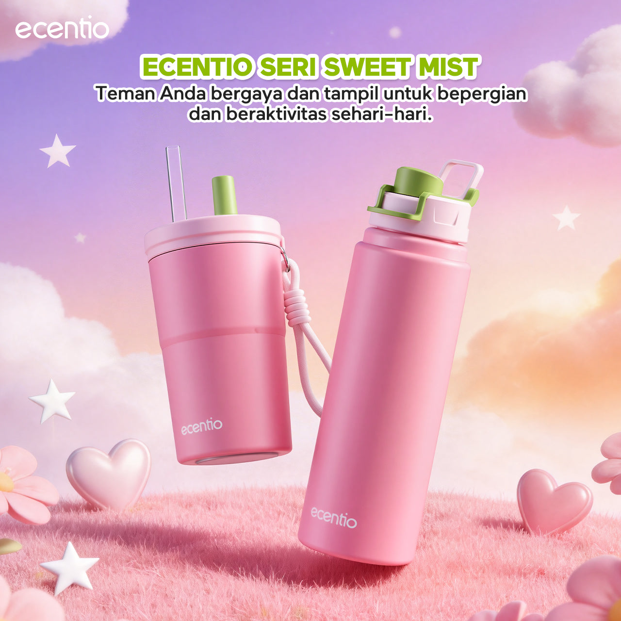 [Sweet Mist Series] ecentio tumbler aesthetic premium Stainless Steel & Aluminium portable 500ml/750ml Botol minum besar Thermos Tetap hangat 24 JAM & dingin 10 JAM anti bocor mudah dibersihkan gaya manis look elegant aesthetic