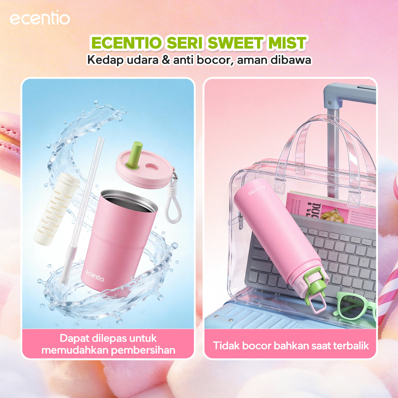 [Sweet Mist Series] ecentio tumbler aesthetic premium Stainless Steel & Aluminium portable 500ml/750ml Botol minum besar Thermos Tetap hangat 24 JAM & dingin 10 JAM anti bocor mudah dibersihkan gaya manis look elegant aesthetic