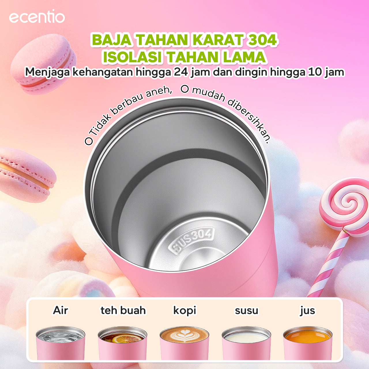[Sweet Mist Series] ecentio tumbler aesthetic premium Stainless Steel & Aluminium portable 500ml/750ml Botol minum besar Thermos Tetap hangat 24 JAM & dingin 10 JAM anti bocor mudah dibersihkan gaya manis look elegant aesthetic